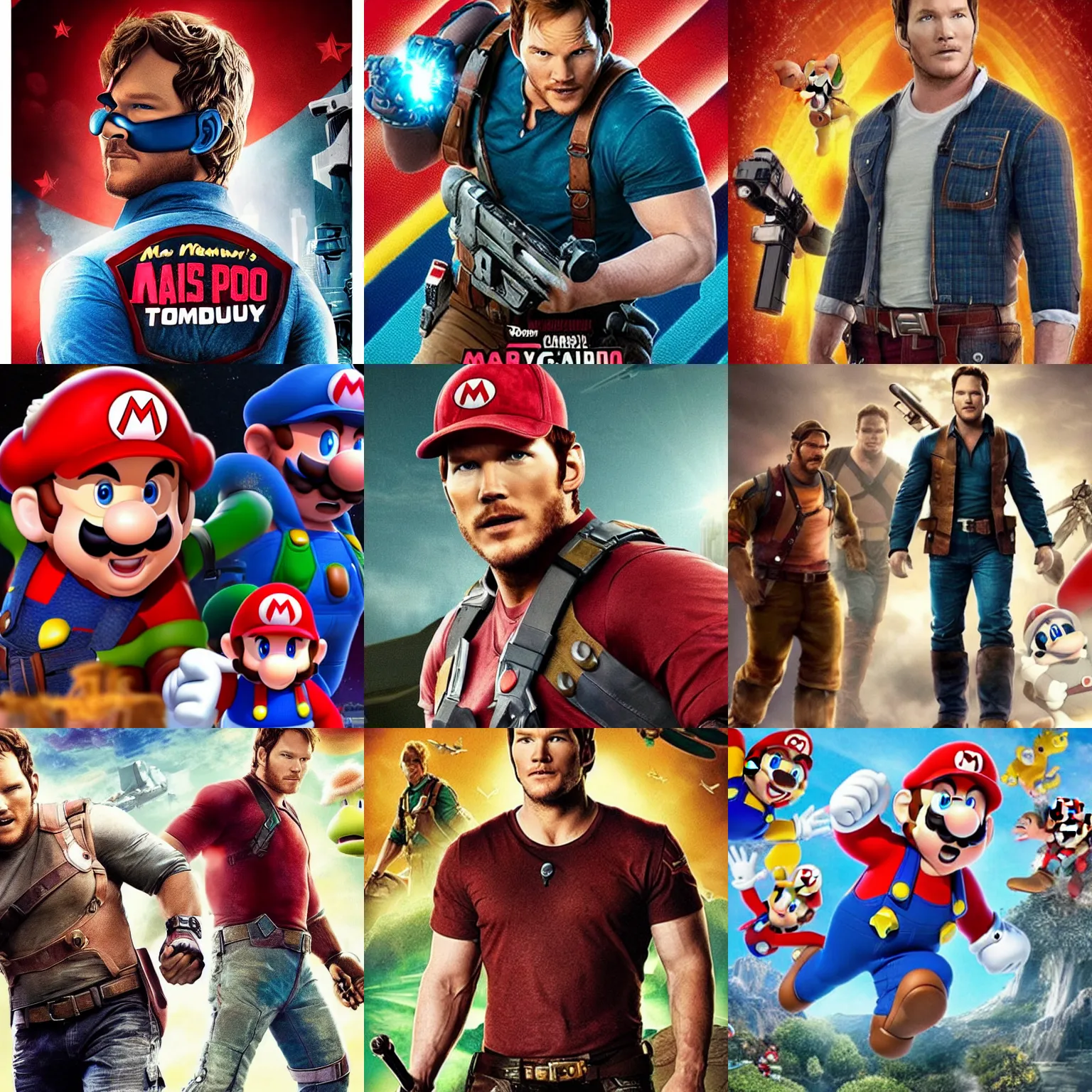 Prompt: chris pratt wearing mario's clothing in an upcoming movie, epic movie poster