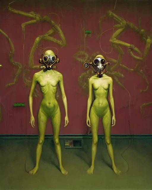 Prompt: Two skinny figures, wearing gas masks, draped in silky gold, green and pink, inside an abandoned hospital room, they sit on alien chairs, loss in despair, transhumanist speculative evolution, depth of field, part by James Jean. part by Kati Heck, Esao Andrews, Jenny Saville, Edward Hopper, surrealism, dark art by Beksinski, Yamamoto