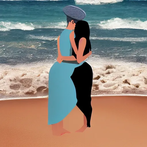 Prompt: kylie jenner hugging kim kardashian standing on a beach, atire: army, abstract, 4k, photorealistic