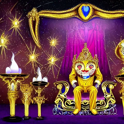 Image similar to cartoon of a shining majestic throne made of millions of diamonds, gold and zaphires with thousands of light reflections, and a clown on a tuxedo suit is sitting on the throne while handing a golden balloon, dramatic light