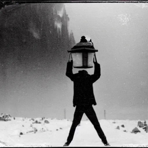 Image similar to a man holds a lantern, snowstorm, alien landscape, foggy, cold, view from the distance, black and white vintage photo