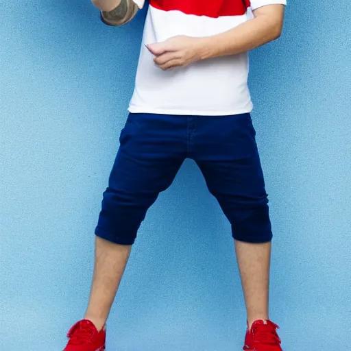 Image similar to a full body shot of an average white, short young - adult man with blue dyed hair holding a microphone, wearing a red backwards cap, white t - shirt with a red no symbol on it, blue long pants and red shoes, photoshoot, grey background
