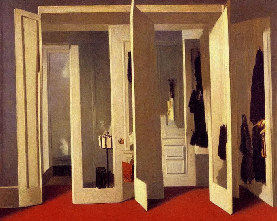 Prompt: achingly beautiful painting of a sophisticated, well - decorated closet by rene magritte, monet, and turner. whimsical.