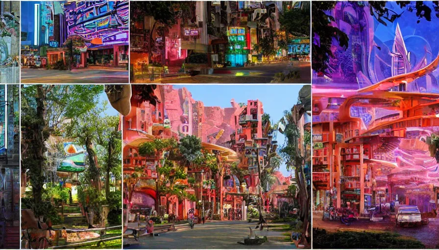 Image similar to an ancient and futuristic town that became one, lush greenery, historic buildings, sculptures, neon futurism