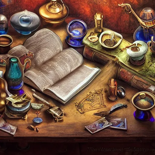 Prompt: hyper real, table, magic book, wizards laboratory, tony sart, mortar, pestle, scales, energy flowing, ancient brown map, beakers of colored liquid