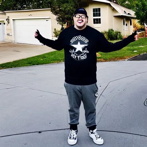 Image similar to Rocco Botte wearing gray sweatshirt and gray sweatpants and black/white Converse Chuck Taylors standing in a T-pose on a suburban residential street