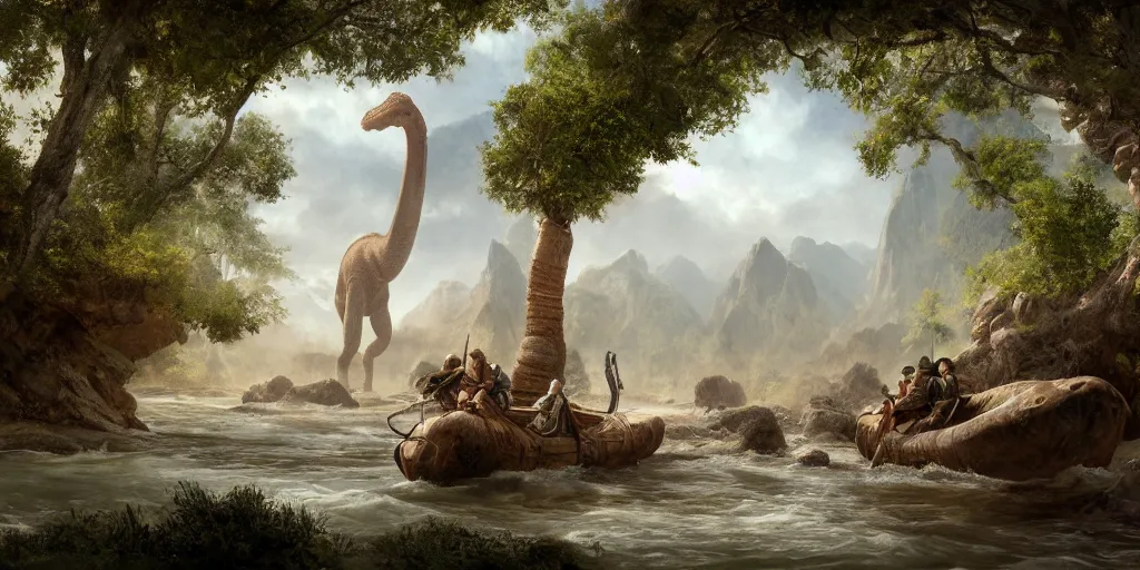 Prompt: a highly detailed matte painting of a nineteenth - century explorer finding a brontosaurus in a river, concept art, trending on artstation