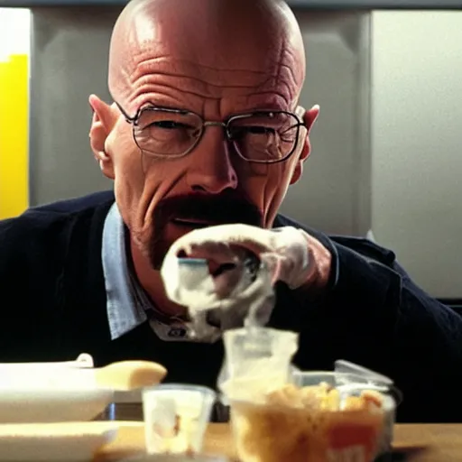Image similar to walter white cooking meth at a table in a mcdonalds