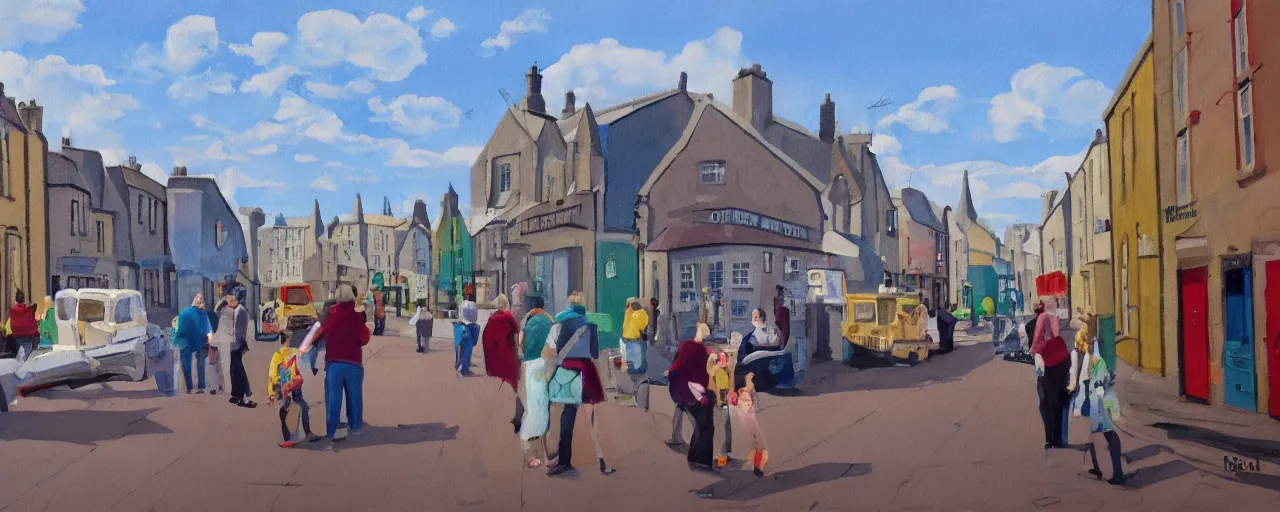 Prompt: a painting of street life in kirkwall orkney, pixar