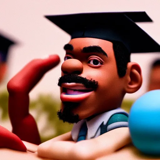 Image similar to a cinematic film still of a claymation stop motion film starring chance the rapper as a college student, shallow depth of field, 8 0 mm, f 1. 8