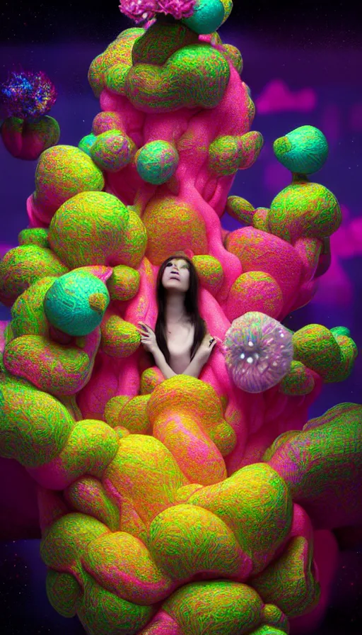 Image similar to hyper detailed 3d render like a Oil painting - kawaii Aurora (Singer) seen Eating of the Strangling network of colorful yellowcake and aerochrome and milky Fruit and Her delicate Hands hold of gossamer polyp blossoms bring iridescent fungal flowers whose spores black the foolish stars by Jacek Yerka, Mariusz Lewandowski, Houdini algorithmic generative render, Abstract brush strokes, Masterpiece, Edward Hopper and James Gilleard, Zdzislaw Beksinski, Mark Ryden, Wolfgang Lettl, hints of Yayoi Kasuma, octane render, 8k