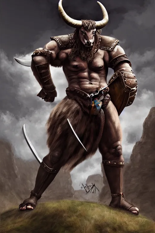 Prompt: Giant horned minotaur warrior weilding two swords, leather armor, full body, muscular, dungeons and dragons, hyperrealism, high details, digital painting, dark fantasy