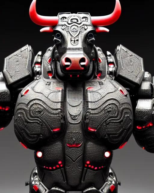 Prompt: a full body shot of an imposing cyborg bull modeled after a bull looking into the camera, contrast lighting, black skin!!!, intricate pattern, hard rubber chest, highly detailed, android, cyborg, red, full body shot, intricate, 3 d, symmetrical, octane render, fantasy, highly detailed, digital art, artstation, strong bokeh