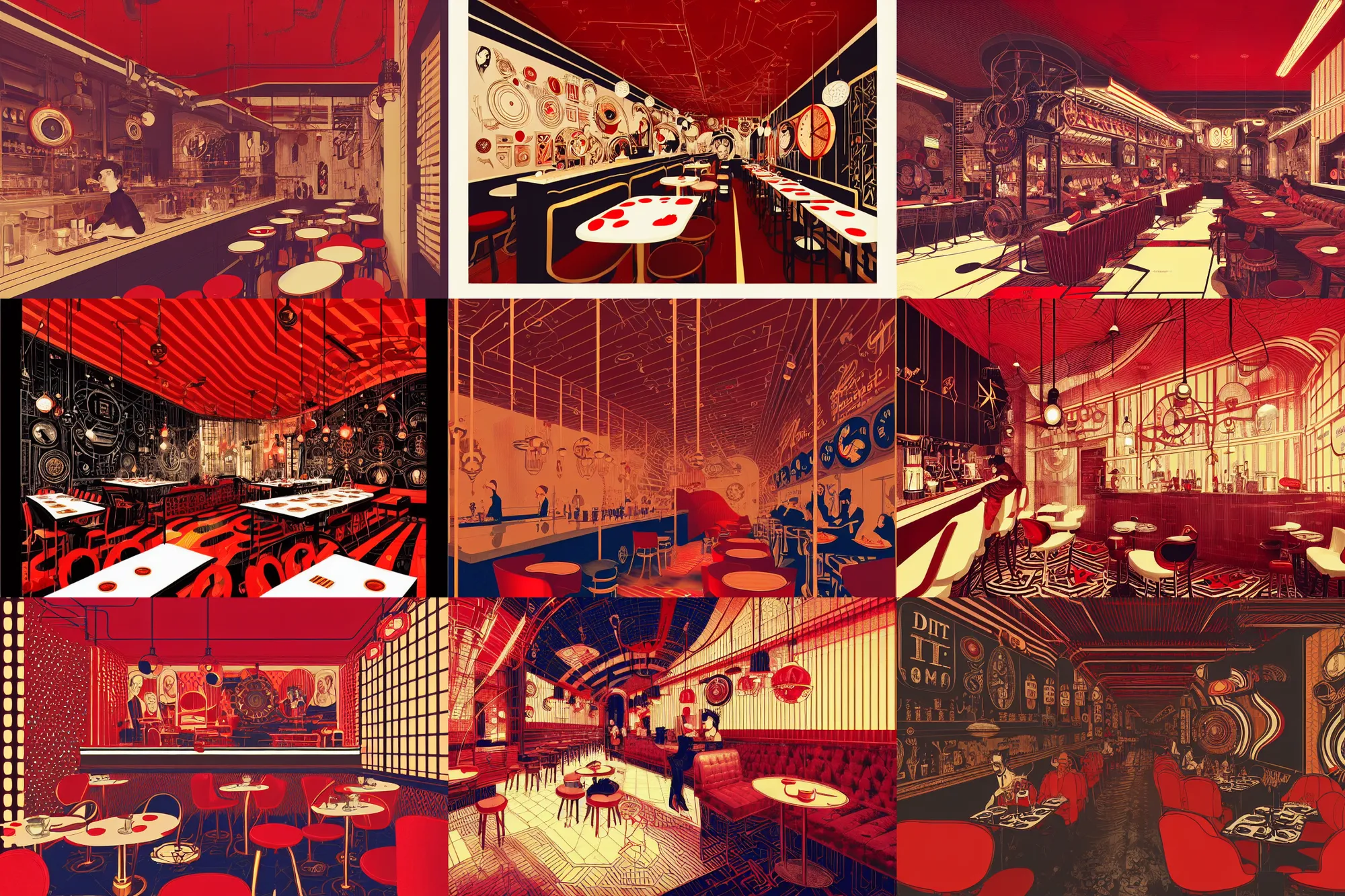 Prompt: dot shaded portrait interior steampunk cafe, modern art deco, red + gold + black + blue + white, mads berg, christopher balaskas, victo ngai, rich grainy texture, detailed, muted colors, dynamic composition, matte print, wide angle