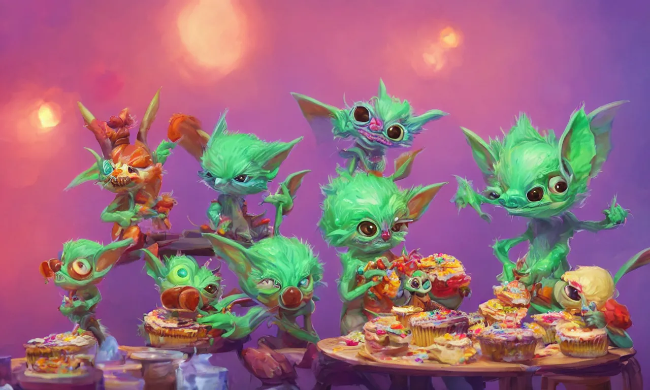 Prompt: cute gremlins eating cakes, vivid colors, high details, cinematic, 8k resolution, beautiful detailed, photorealistic, digital painting, artstation, concept art, smooth, sharp focus, illustration, fantasy background, artstation trending, octane render, unreal engine