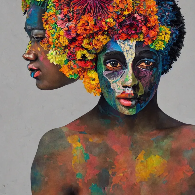 Prompt: beautiful symmetrical portrait of a flower head black woman, her skin made with colorful mixed media collage patterns, by picasso and greg rutkowski, hyper detailed painting, intricate detail, surreal, 8 k,