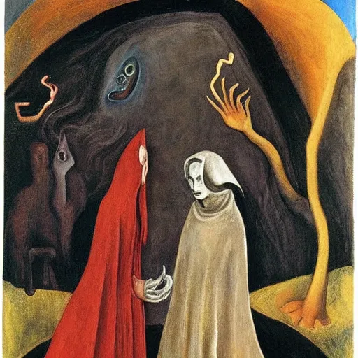 Image similar to the devil meets the nun, leonora carrington