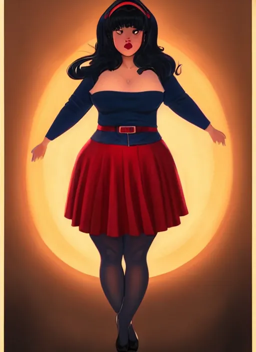 Image similar to full body portrait of teenage veronica lodge, obese, bangs, sultry, realistic, sultry smirk, wavy hair, red skirt, fat, belly, intricate, elegant, glowing lights, highly detailed, digital painting, artstation, concept art, smooth, sharp focus, illustration, art by wlop, mars ravelo and greg rutkowski