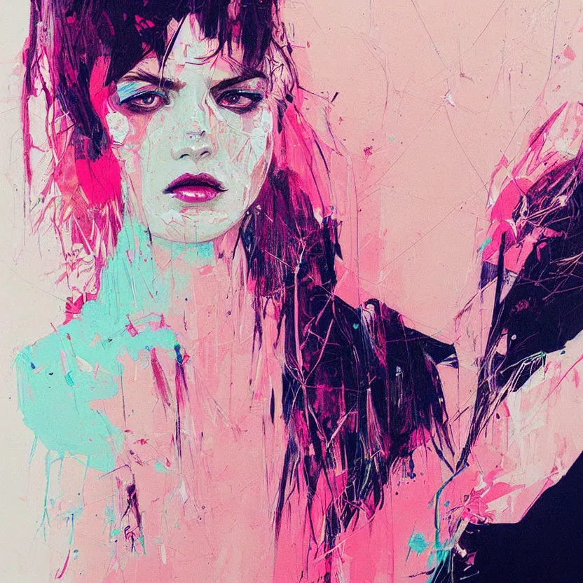 Image similar to close up portrait painting of a female dressed in nineties street styling, concept art, intricate details, highly detailed, aesthetically pleasing pastel colors, art by conrad roset