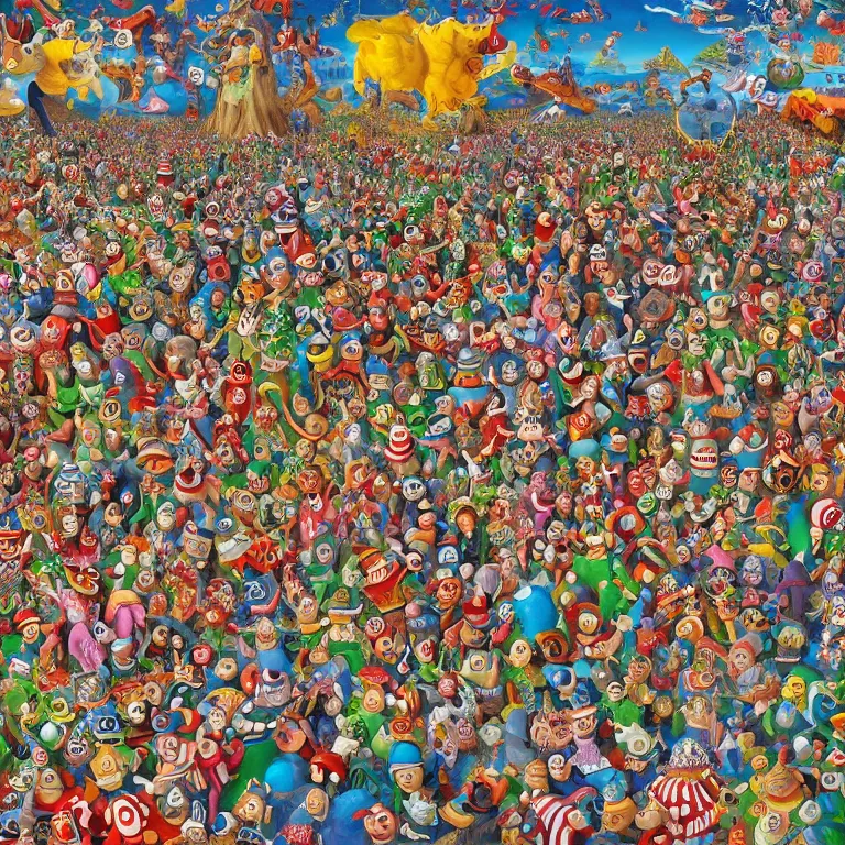 Image similar to an incredibly detailed masterpiece photo of a Where's Waldo puzzle by bosch and lisa frank, ornate, beautiful, bold colors, detailed, high resolution, wow!, realistic, photorealism, intricate, 4k octane render, unreal engine, zbrush, vfx, very realistic