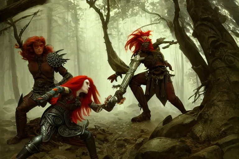 Image similar to male wood elf with long red hair wearing an eye patch and leather armor fighting a stone troll, in mysterious forest, dusk, fantasy, intricate, elegant, highly detailed, digital painting, artstation, concept art, matte, sharp focus, illustration, art by roberto ferri and greg rutkowski and alphonse mucha