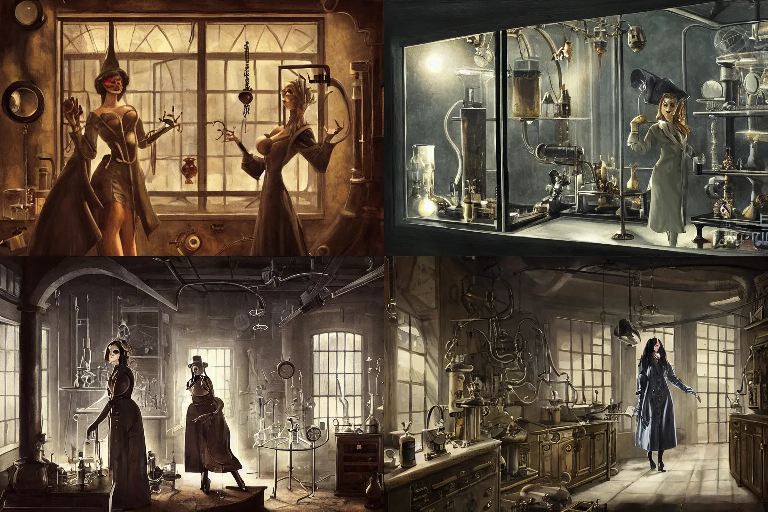 Prompt: a dark steampunk laboratory interior with strange creatures inside a display cases tended by a voluptuous woman in an open labcoat in the afternoon with dusty atmosphere with only by one window, painting by Georgi Marnero