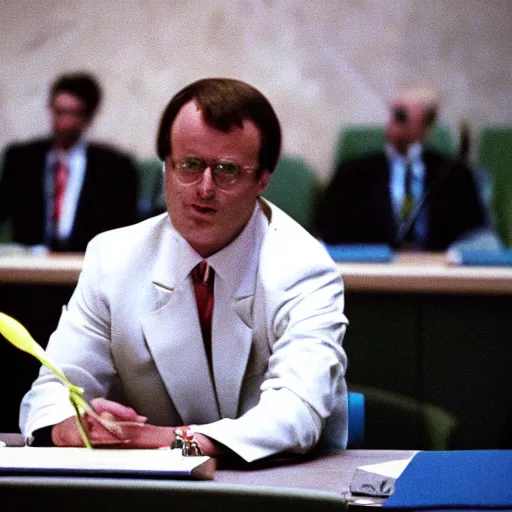 Prompt: 1990s Hi-8 footage of Napoleon at the United Nations, candid portrait photograph, 40mm