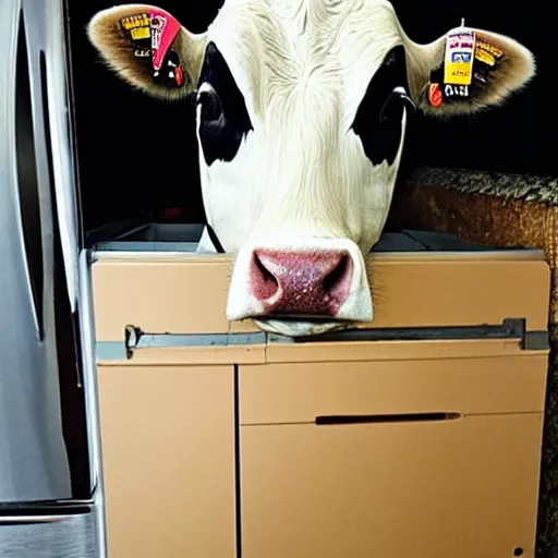 Prompt: an entire cow in the fridge