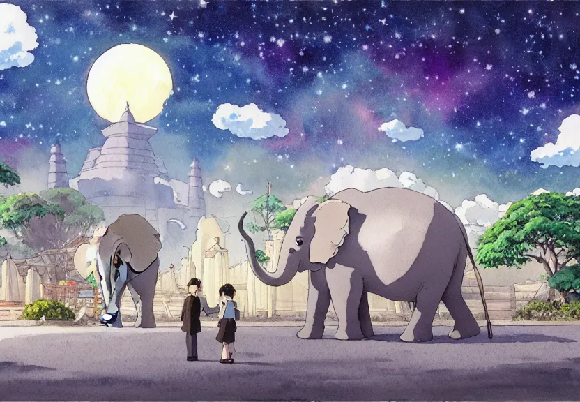 Prompt: a hyperrealist watercolor concept art from a studio ghibli film showing a giant grey dumbo the elephant. a temple is under construction in the background in india on a misty and starry night. by studio ghibli. very dull muted colors