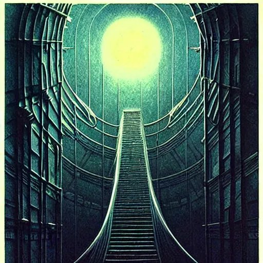 Prompt: big spiral stairways, inhabited on many levels, there are many doors, flying birds, by beksinski, shining light, strong perspective, clear geometry, architecture, Award winning. Masterpiece, detailed illustration