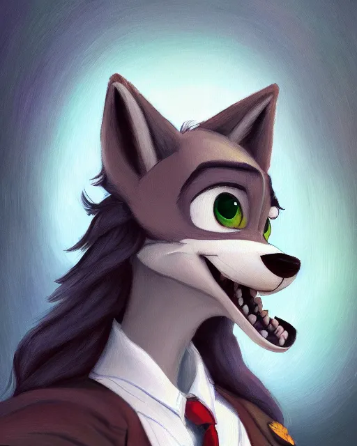 Image similar to oil painting of anthromorphic female wolf, in style of zootopia, zootopia, zootopia, fursona, furry, furaffinity, 4 k, deviantart, furry art, fursona art, wearing black business suit, business suit, in style of zootopia, wolf fursona, cyberpunk, female, expressive detailed feminine face,