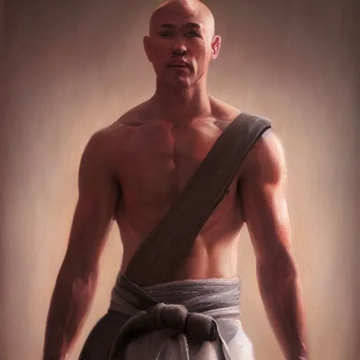 Image similar to A detailed matte oil on canvas painting of a white male martial artist monk, orchid arm tattoos by greg rutkowski and artgerm, trending on artstation, dungeons and dragons art