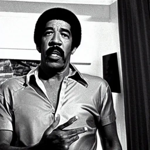 Image similar to richard pryor talking to superman, 1 9 7 0 s, film grain, heavy grain, cinematic compositions, directed by scorsese