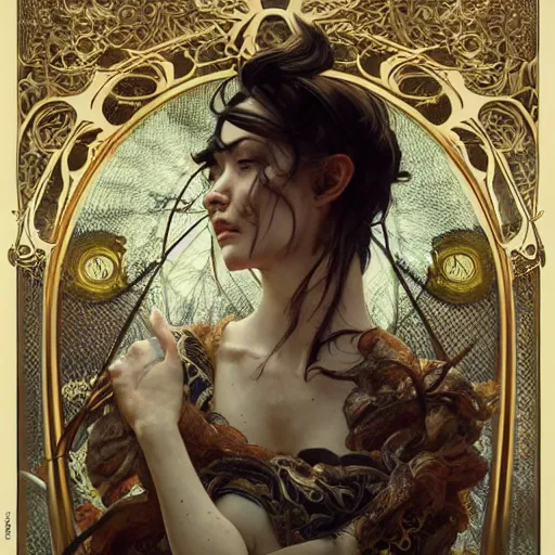 Image similar to whirling ornate intricate portrait of a bloodied filigreed butcher, rippling, warping, ultra realistic, concept art, intricate details, eerie, highly detailed, photorealistic, octane render, 8 k, unreal engine. art by artgerm and greg rutkowski and alphonse mucha