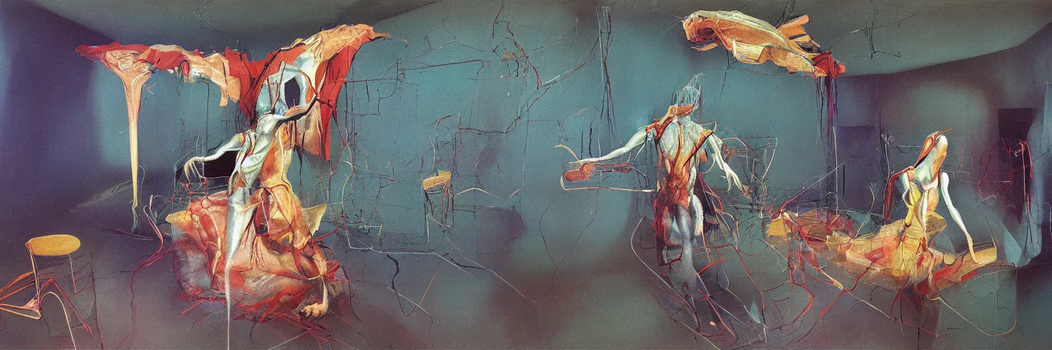 Prompt: an empty room in the style of constructivism, an angel with a heart in the center of the room, blurred, grotesque, doomed, neural acrylic paint, high resolution, gouache on canvas, ultra detailed, vibrant colors, grotesque, wrapped thermal background, slimey, art by francis bacon, beksinski painting