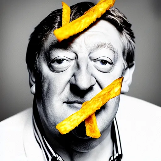 Prompt: photo of [ a single salted french fry chip ] shaped like that looks like ( stephen fry ) ( stephen fry ) [ hybrid ] intercross mix cinematic lighting