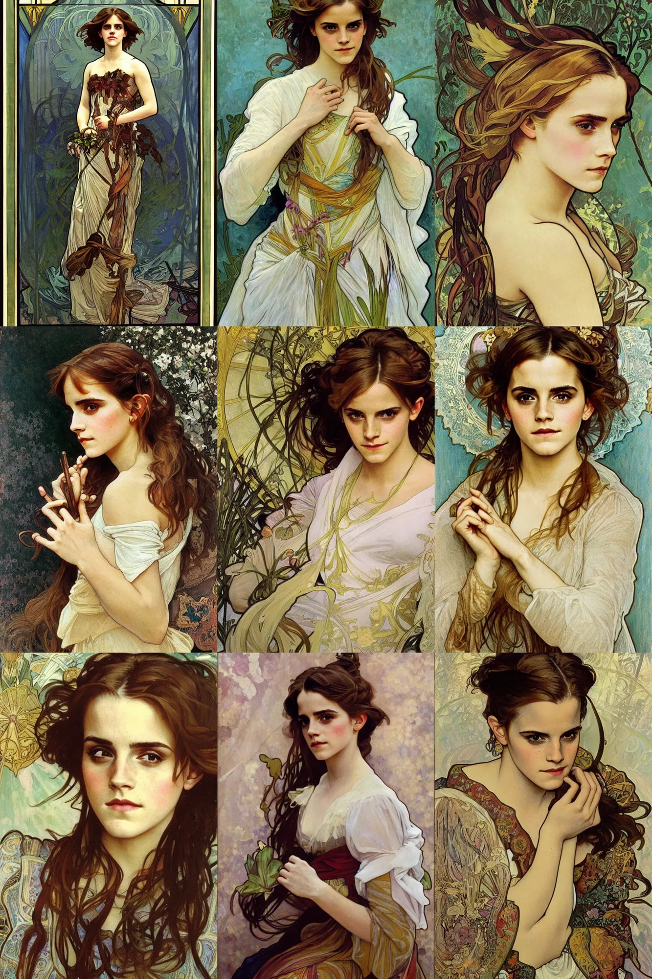 Prompt: emma watson, painting by alphonse mucha