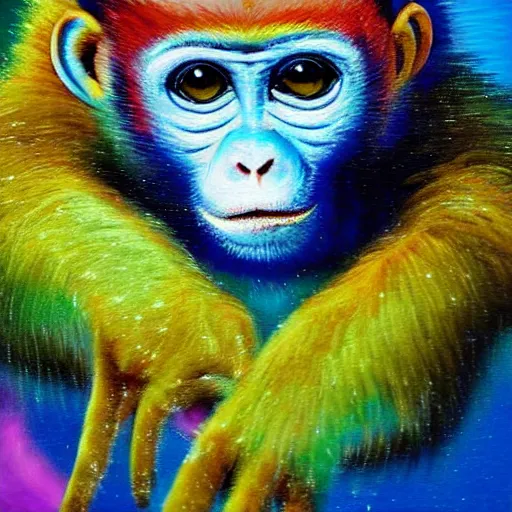 Image similar to excited young monkey underwater, sparkly, colorful, oil painting