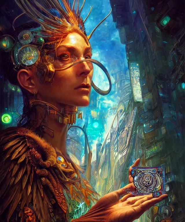 Image similar to a beautiful tarot card artwork of a cyberpunk nature shaman, backlit, highly detailed, digital painting, by karol bak and eddie mendoza and dan mumford and artgerm, vivid colors, masterpiece, detailed shading, 8 k resolution, intricate, smooth