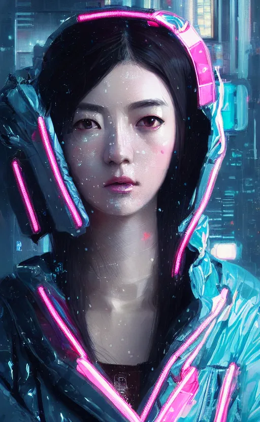 Prompt: detailed portrait petite brunette woman with asian eyes and thick lip neon operator girl, cyberpunk futuristic neon, reflective puffy coat, decorated with traditional japanese ornaments by ismail inceoglu dragan bibin hans thoma greg rutkowski alexandros pyromallis nekro rene maritte illustrated, perfect face, fine details, realistic shaded, fine - face, pretty face