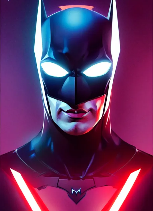 Image similar to symmetry!! portrait of batman beyond, sci - fi, tech wear, glowing lights!! intricate, elegant, highly detailed, digital painting, artstation, concept art, smooth, sharp focus, illustration, art by artgerm and greg rutkowski and alphonse mucha