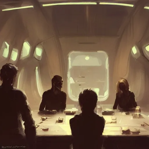 Image similar to concept art by greg rutkowski, a very tall, and slender woman with blond hair, sitting with the crew in the ship's dining room, brutalist futuristic interior, dark lighting atmosphere, detailed portraits, nostalgic atmosphere, scifi, digital painting, artstation, concept art, smooth, sharp foccus ilustration, artstation hq