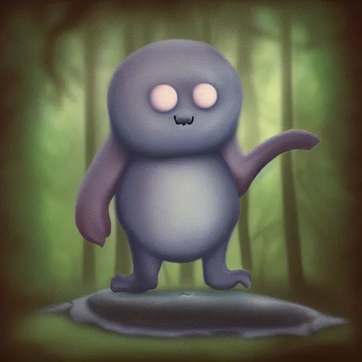 Image similar to Cuddly slime creature wandering a dark deep forest, Airbrush Style, Foggy, Moody, Horror