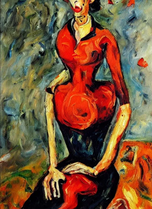 Image similar to an oil painting of a woman in a red dress posing with meat in expressive style of Chaim Soutine, palette of red alizarin and dark gray green, thick impasto painting technique