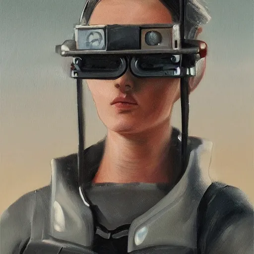 Prompt: square - jawed emotionless serious blonde woman starship engineer, tribal tattoos, handsome, short slicked - back hair, sweating, uncomfortable and anxious, looking distracted and awkward, wearing victorian dark goggles, dirty flight suit and gloves, small spacecraft in background, highly detailed, oil painting, trending on artstation