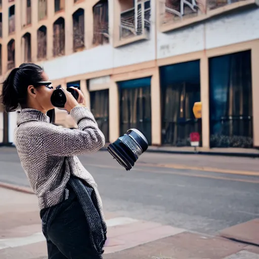 Image similar to woman taking a photograph with a studio camera on the sidewalk outdoors