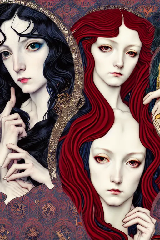 Image similar to a triad of winter muses, style blending æon flux, shepard fairey, botticelli, ivan bilibin, and john singer sargent, inspired by pre - raphaelites, shoujo manga, and harajuku fashion, stark landscape, muted dark colors, superfine inklines, ethereal, otherworldly, 4 k photorealistic, arnold render