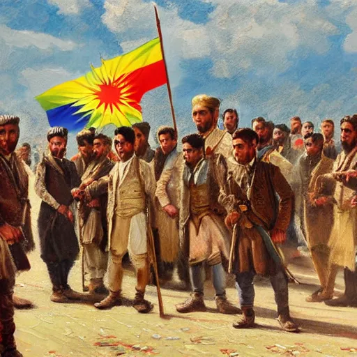 Prompt: a painting of a group of kurdish people standing around a signed declaration of independence for kurdistan, an oil painting by ilya ostroukhov, featured on deviantart, socialist realism, ilya kuvshinov, movie still, oil on canvas