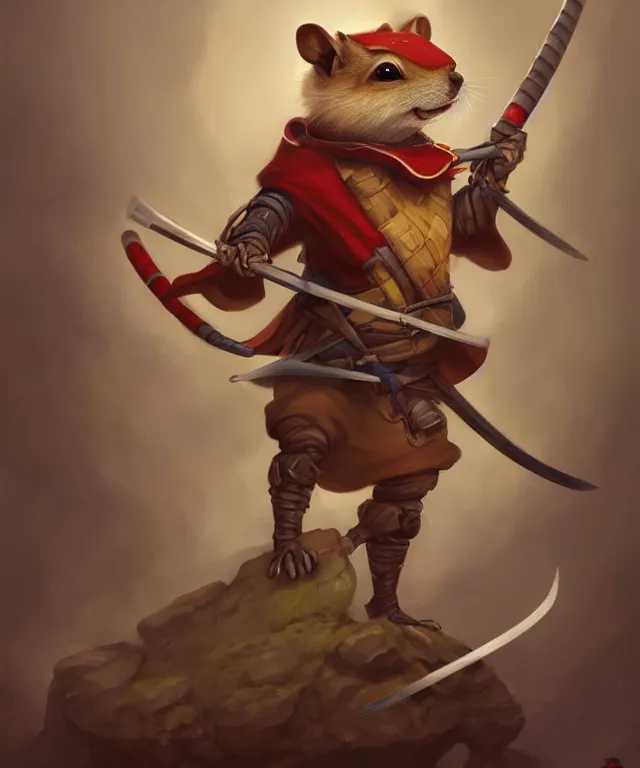 Image similar to anthropomorphic chipmunk samurai, samurai outfit, standing in a beautiful landscape, cute and adorable, dnd character art portrait, matte fantasy painting, deviantart artstation, by jason felix by steve argyle by tyler jacobson by peter mohrbacher, cinematic lighting