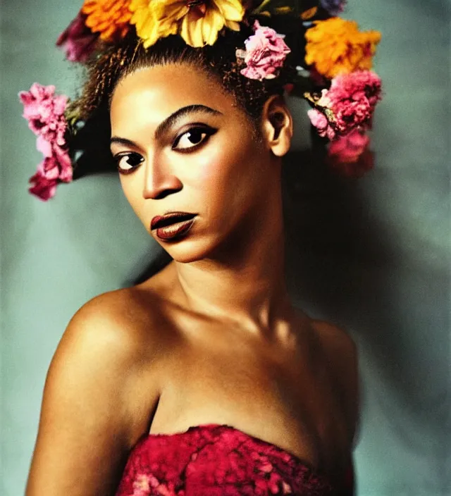 Prompt: Beyonce as a stunning young girl With flowers in her hair, fine art portrait photography by Sarah Moon
